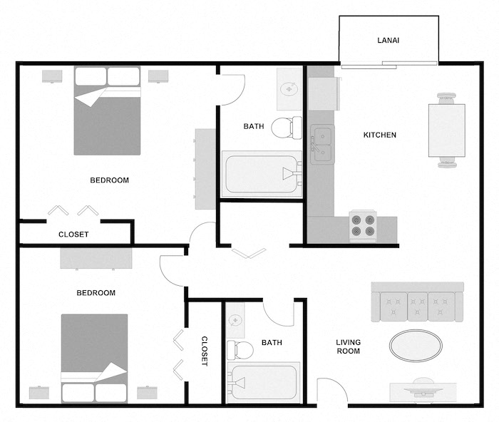 Floor plan for 2 beds, 2 baths, 875 sqft